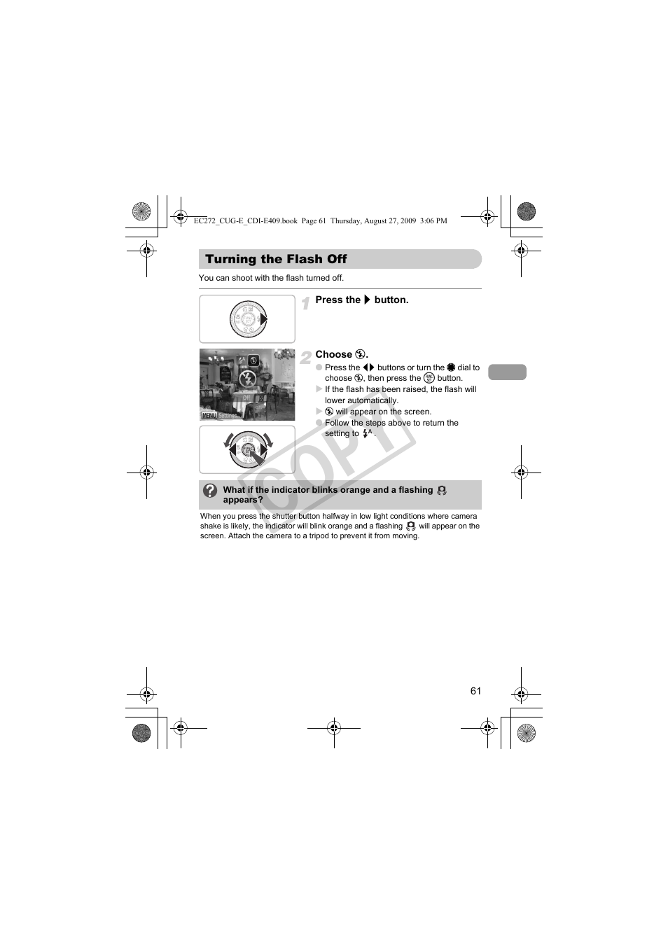 Turning the flash off, Pp. 61, 71, 9, Pp. 61, 71 | Shake warning (p. 61), R “turning the flash off, P. 61) t, Co py | Canon Battery Charger CB-2LY CDI-E409-020 User Manual | Page 61 / 179