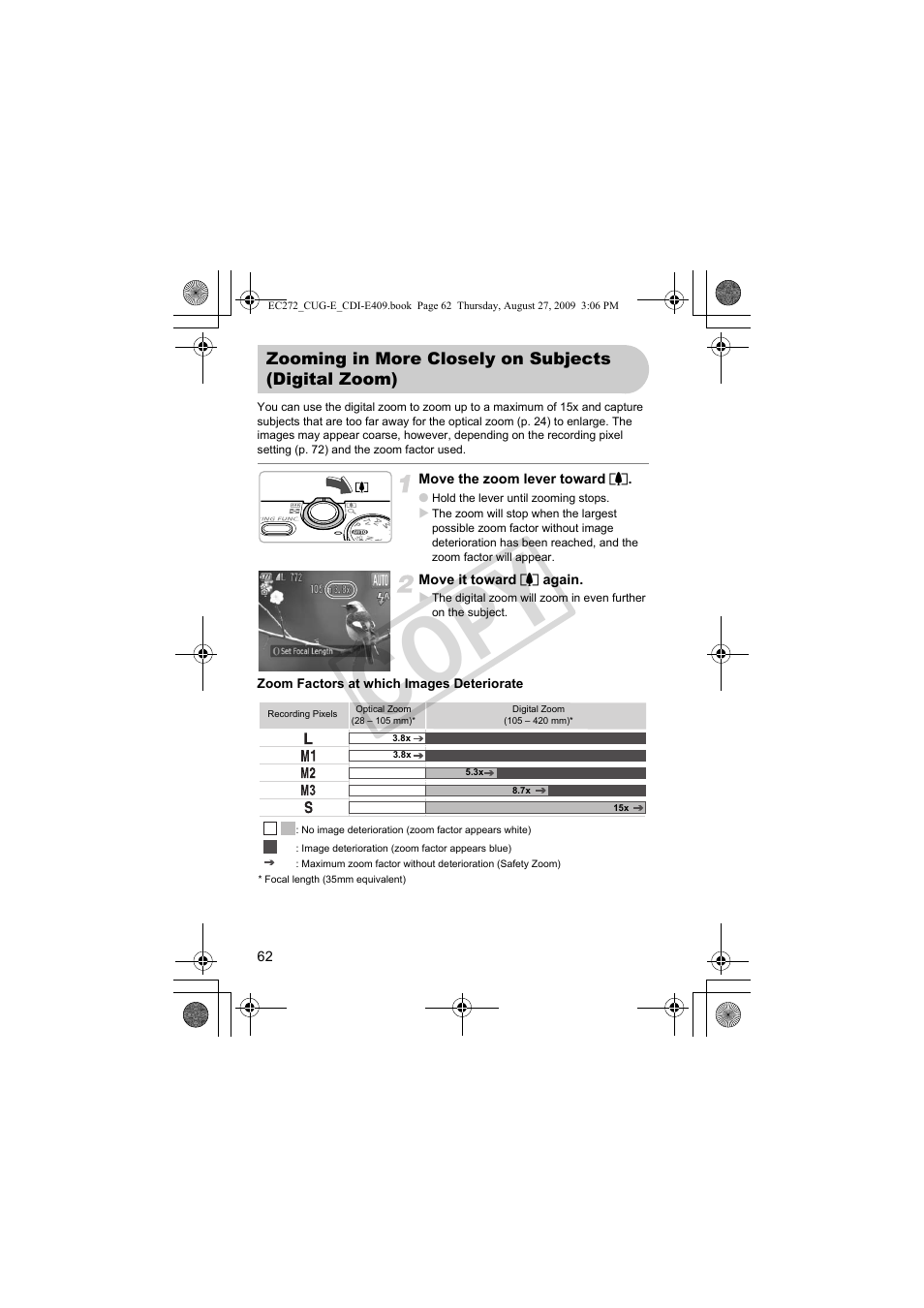 Zooming in more closely on, Subjects (digital zoom), Ion (p. 62) | Om (p. 62), Co py | Canon Battery Charger CB-2LY CDI-E409-020 User Manual | Page 62 / 179