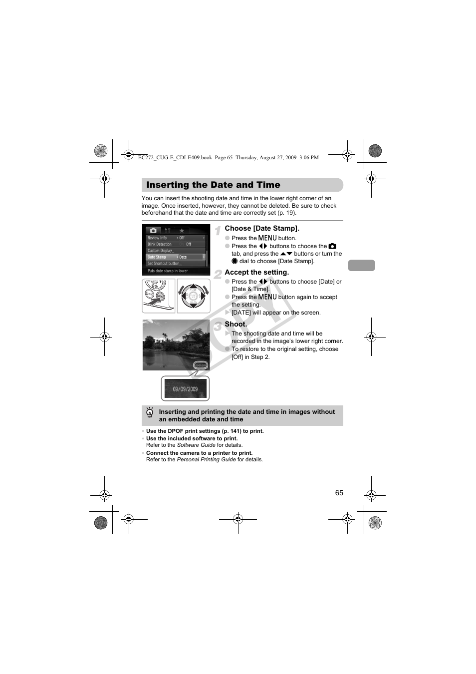 Inserting the date and time, E stamp (p. 65), P. 65) | Co py | Canon Battery Charger CB-2LY CDI-E409-020 User Manual | Page 65 / 179