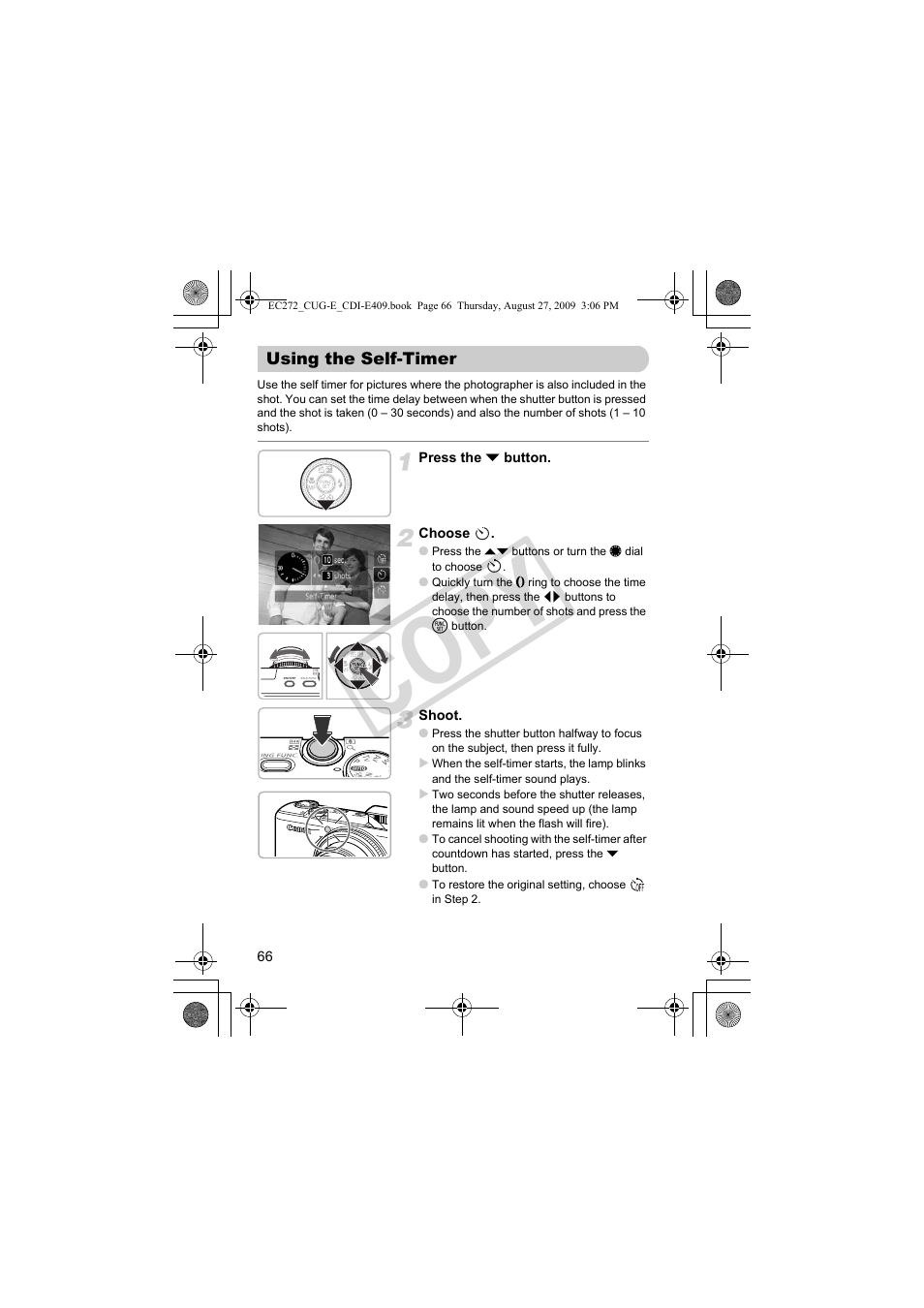 Using the self-timer, R) (pp. 66, 67), P. 66, 67) | Co py | Canon Battery Charger CB-2LY CDI-E409-020 User Manual | Page 66 / 179