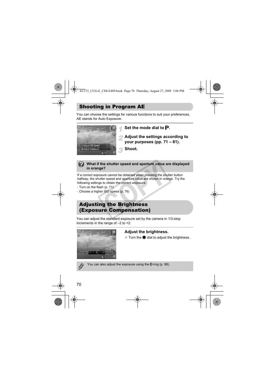 Shooting in program ae adjusting the brightness, Exposure compensation), Want (pp. 70, 95 | Xposure) (p. 70), P. 70), Co py | Canon Battery Charger CB-2LY CDI-E409-020 User Manual | Page 70 / 179