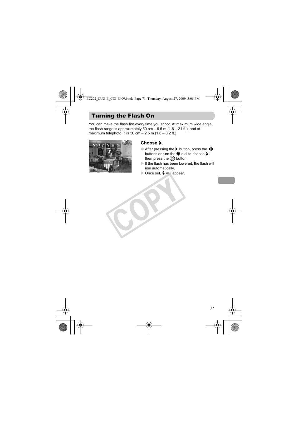 Turning the flash on, Flash (p. 71), exposure, Pp. 71 | Ash (p. 71), Co py | Canon Battery Charger CB-2LY CDI-E409-020 User Manual | Page 71 / 179