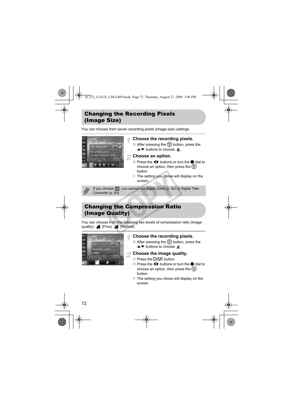 Changing the recording pixels, Image size), Changing the compression ratio | Image quality), Pp. 72, P. 72), Image quality) (p. 72), Pixels (p. 72), Ls (p. 72), Co py | Canon Battery Charger CB-2LY CDI-E409-020 User Manual | Page 72 / 179