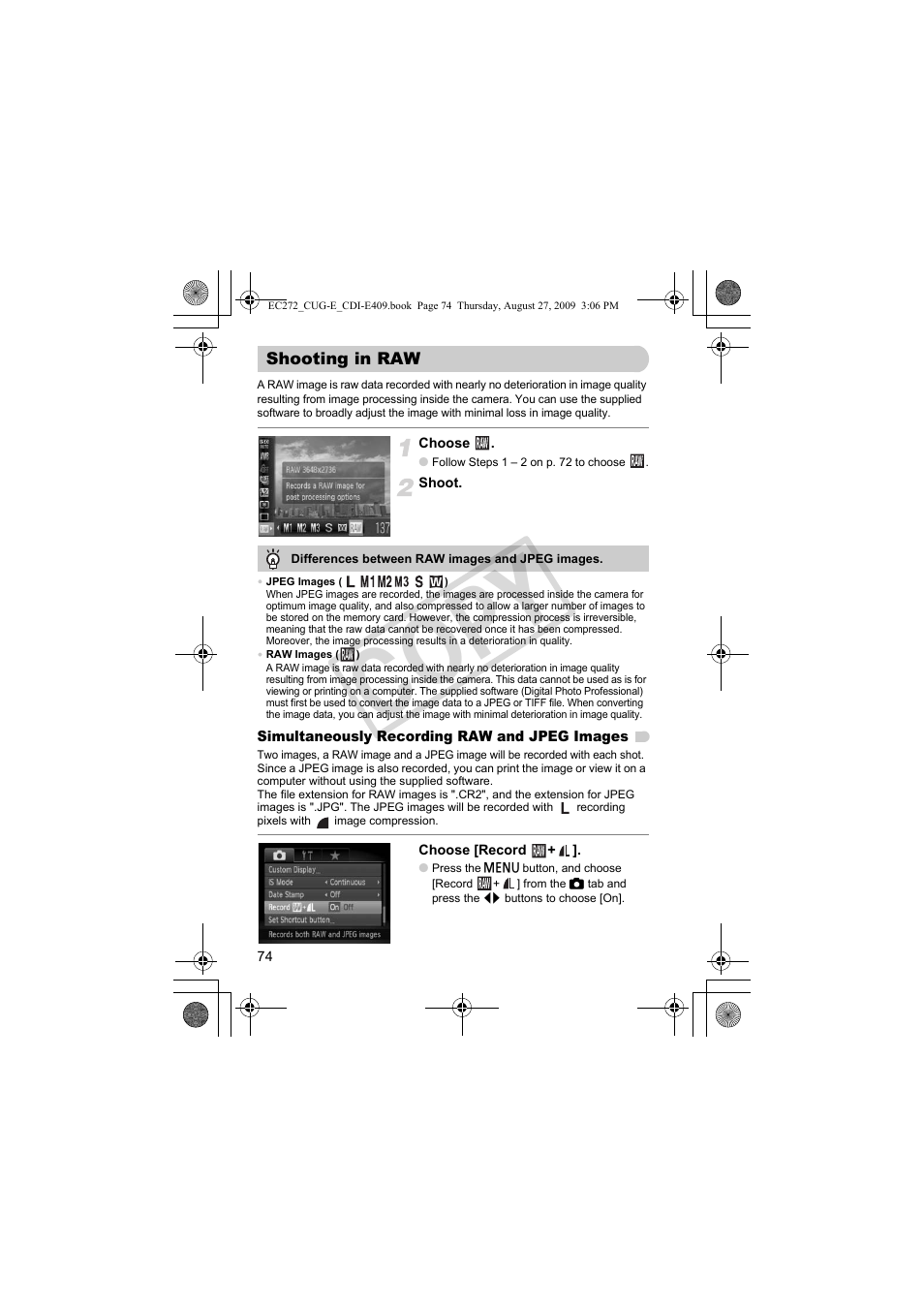 Shooting in raw, Co py | Canon Battery Charger CB-2LY CDI-E409-020 User Manual | Page 74 / 179