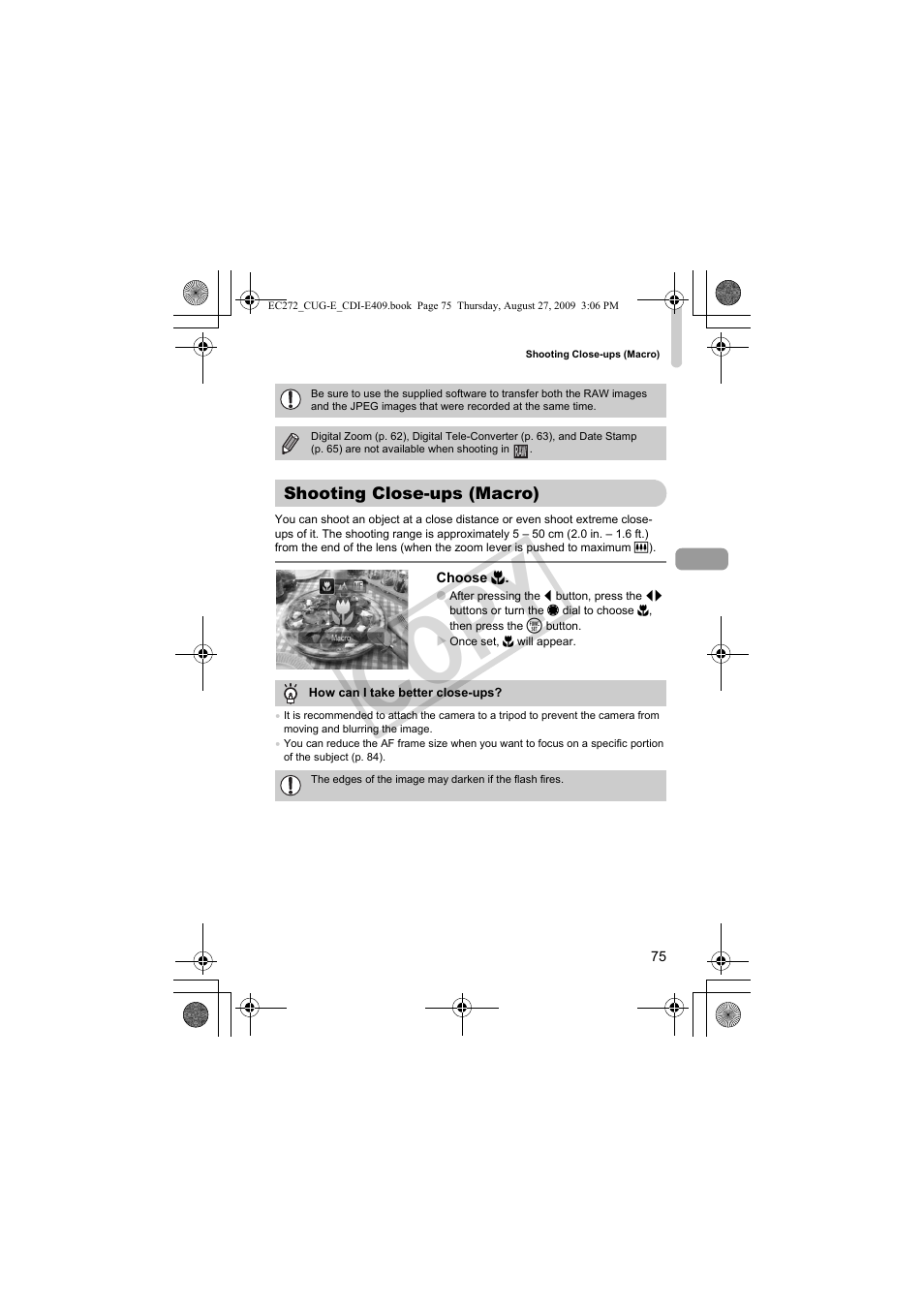 Shooting close-ups (macro), Macro) (p. 75), Macro (p. 75) | O (p. 75), manua, Co py | Canon Battery Charger CB-2LY CDI-E409-020 User Manual | Page 75 / 179