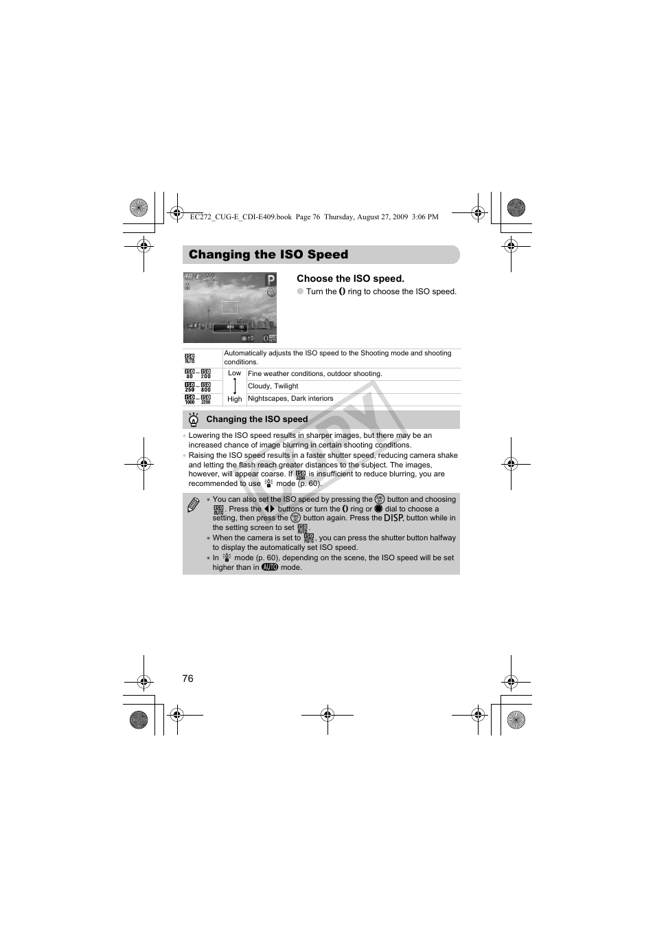 Changing the iso speed, Speed (p. 76), Iso speed (p. 76) | P. 76), Co py | Canon Battery Charger CB-2LY CDI-E409-020 User Manual | Page 76 / 179