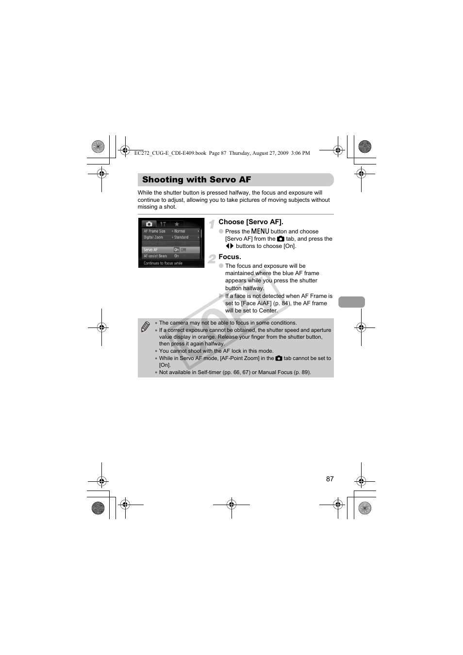 Shooting with servo af, Servo af (p. 87), Co p y | Canon Battery Charger CB-2LY CDI-E409-020 User Manual | Page 87 / 179