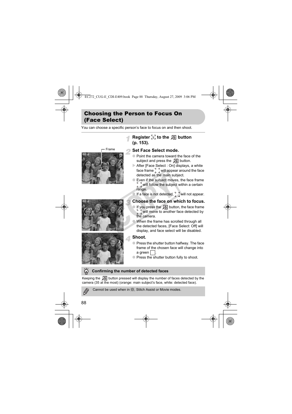 Choosing the person to, Focus on (face select), Co py | Canon Battery Charger CB-2LY CDI-E409-020 User Manual | Page 88 / 179