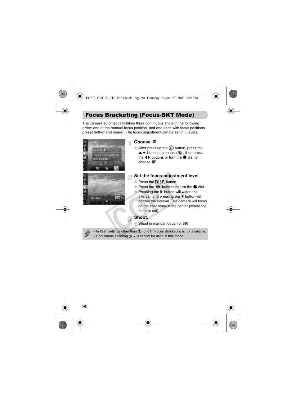 Focus bracketing, Focus-bkt mode), Cketing (p. 90) | Co py | Canon Battery Charger CB-2LY CDI-E409-020 User Manual | Page 90 / 179