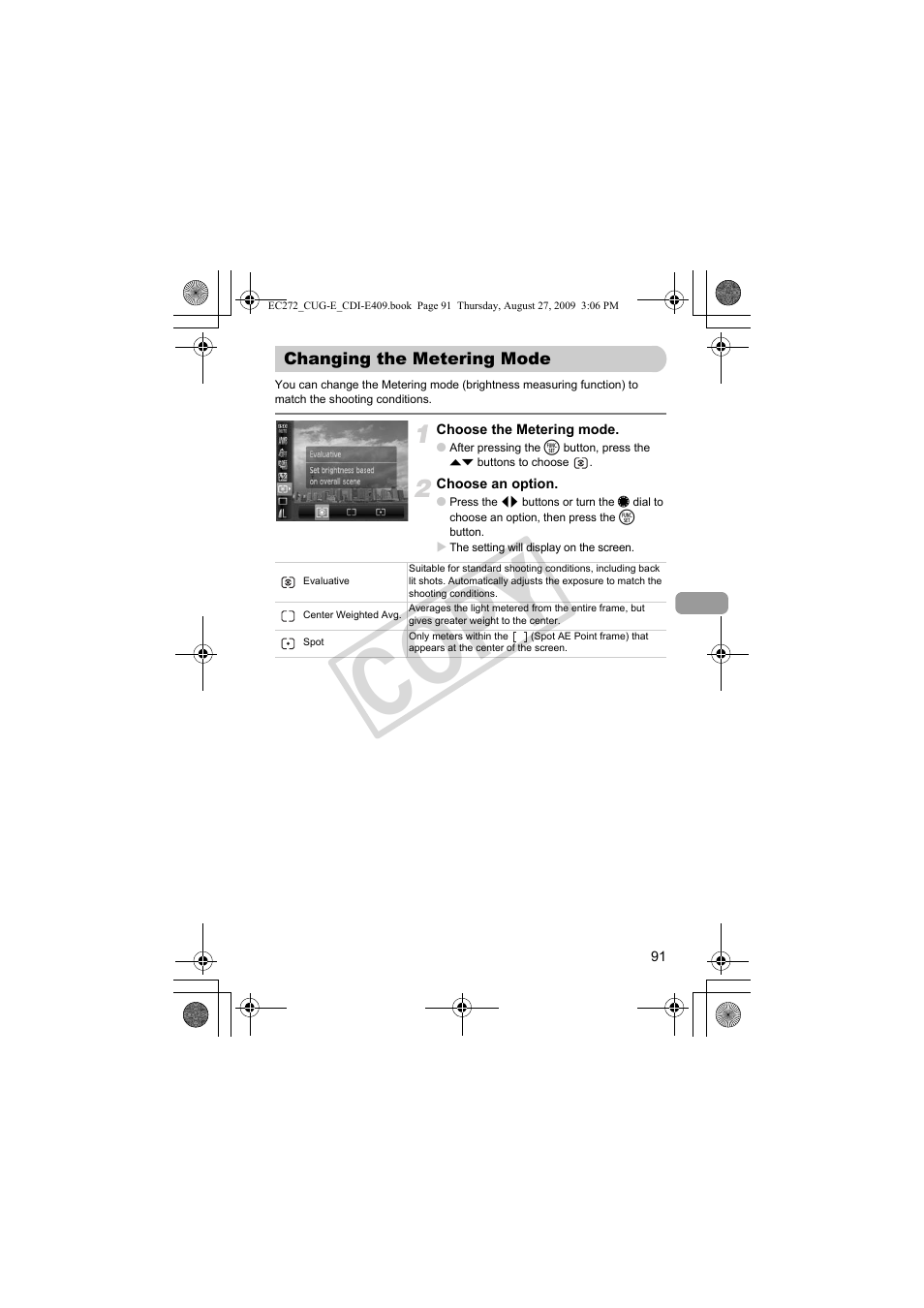 Changing the metering mode, P. 91), Des (p. 91) | Co py | Canon Battery Charger CB-2LY CDI-E409-020 User Manual | Page 91 / 179