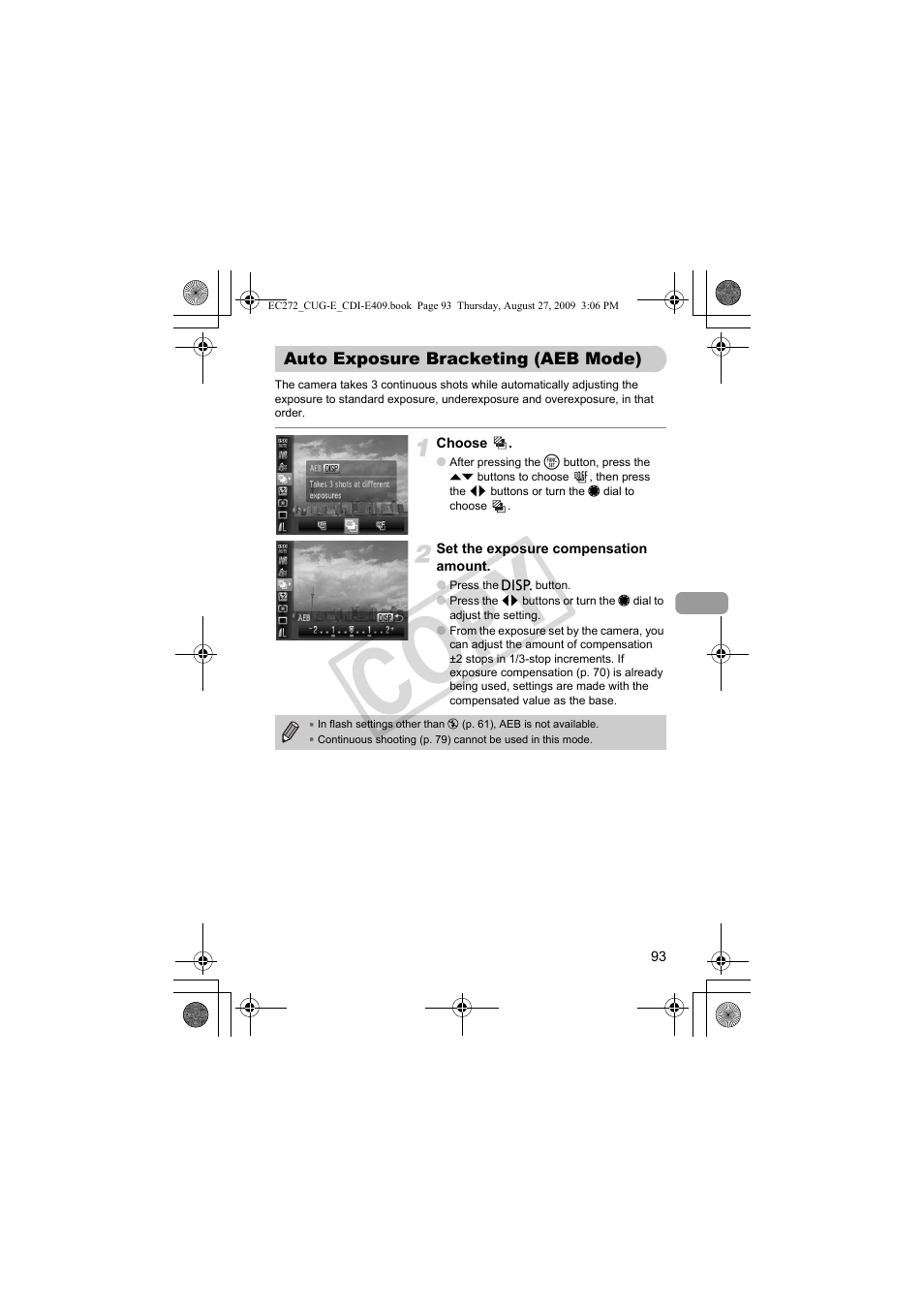 Auto exposure bracketing, Aeb mode), B shooting (p. 93) | Co py | Canon Battery Charger CB-2LY CDI-E409-020 User Manual | Page 93 / 179
