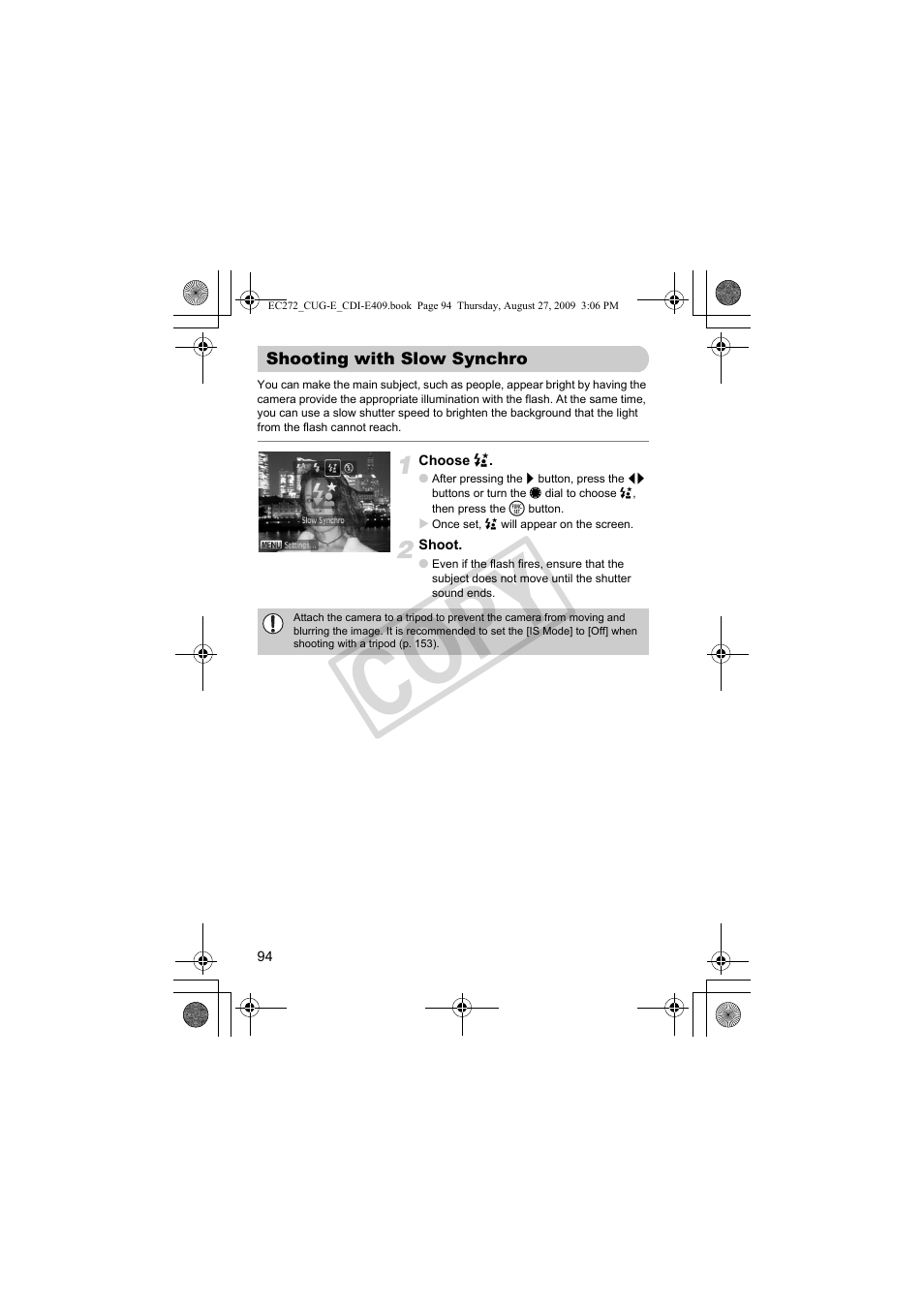 Shooting with slow synchro, Co py | Canon Battery Charger CB-2LY CDI-E409-020 User Manual | Page 94 / 179