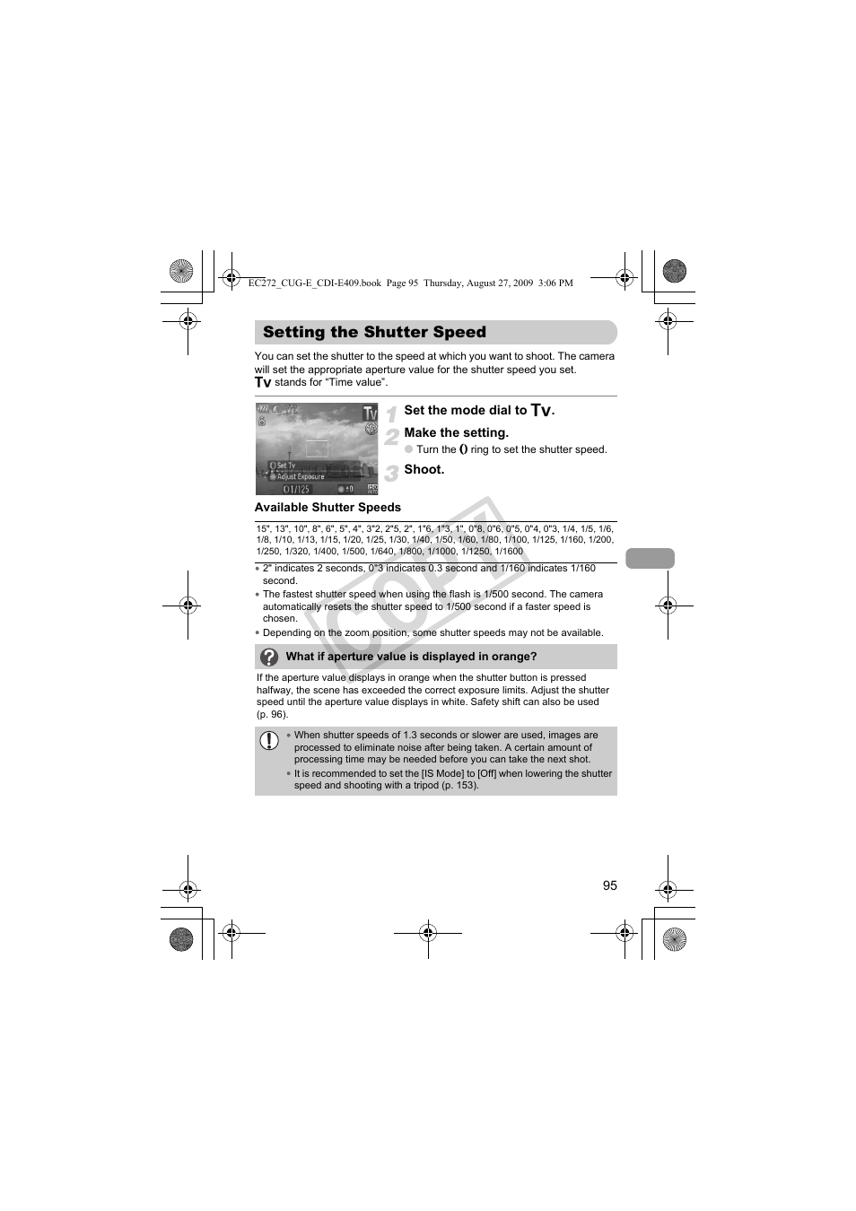 Setting the shutter speed, Utter speed (p. 95), Peed (p. 95) | Setting the shutter speed” (p. 95), Co py | Canon Battery Charger CB-2LY CDI-E409-020 User Manual | Page 95 / 179