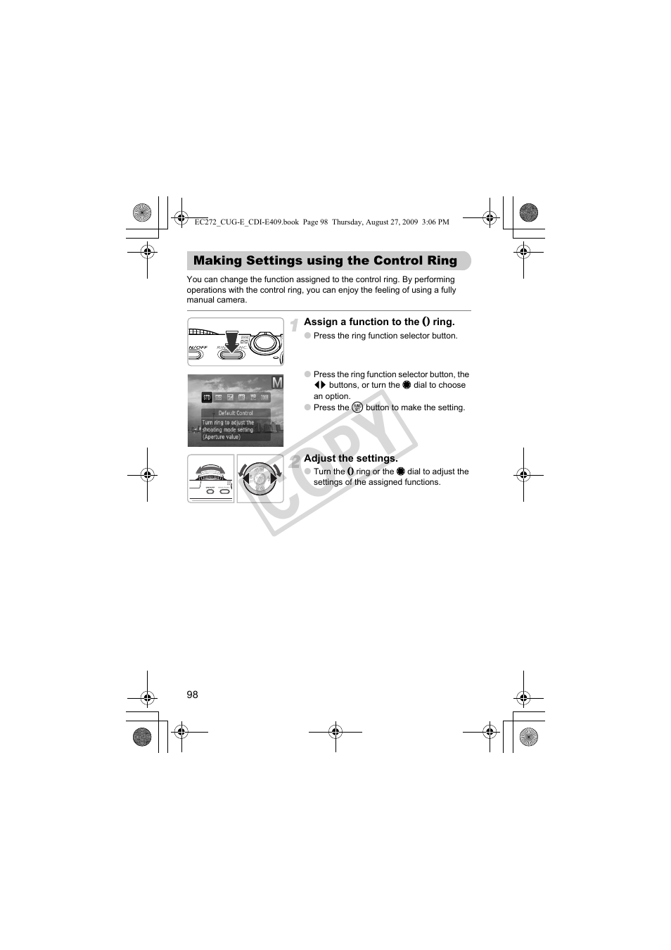 Making settings, Using the control ring, Ton (p. 98) | P. 98), Co py | Canon Battery Charger CB-2LY CDI-E409-020 User Manual | Page 98 / 179