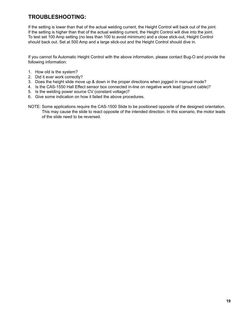 19 ..... troubleshooting, Troubleshooting | BUG-O Systems CAS-2060 User Manual | Page 19 / 20