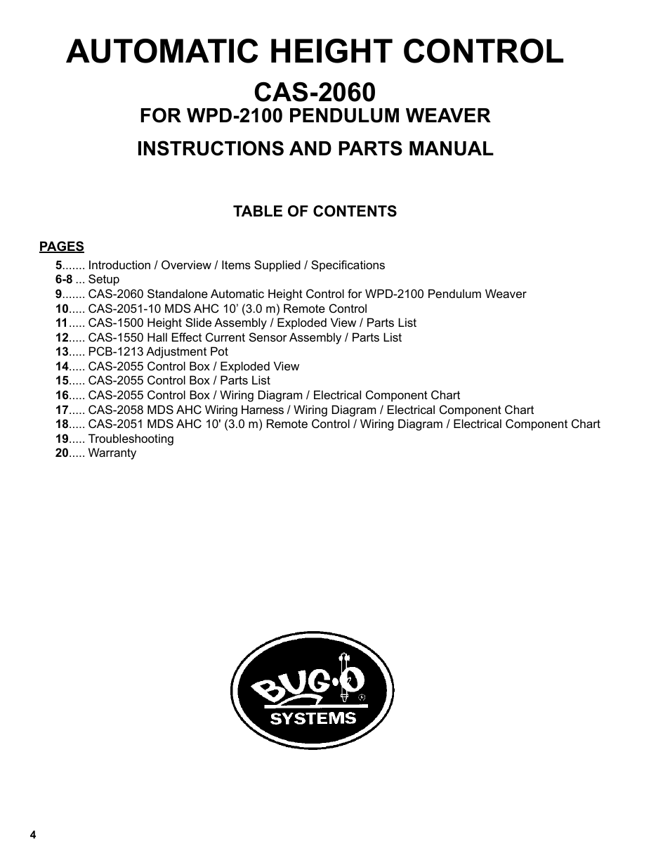 Automatic height control, Cas-2060, Instructions and parts manual | For wpd-2100 pendulum weaver | BUG-O Systems CAS-2060 User Manual | Page 4 / 20