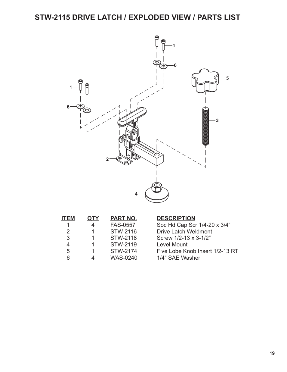 Stw-2115 drive latch / exploded view / parts list | BUG-O Systems STW-3000 User Manual | Page 19 / 26