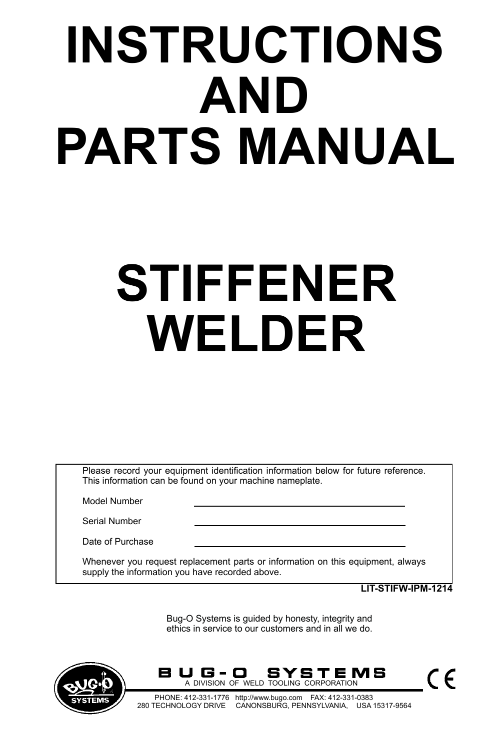 BUG-O Systems Stiffener Welder User Manual | 29 pages