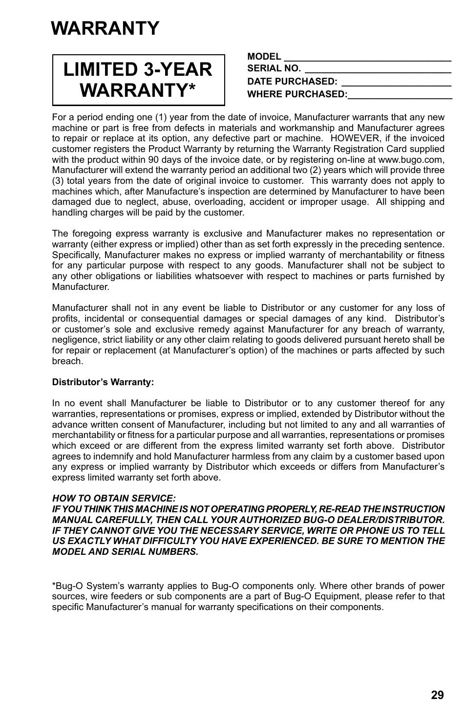 Warranty limited 3-year warranty | BUG-O Systems Stiffener Welder User Manual | Page 29 / 29