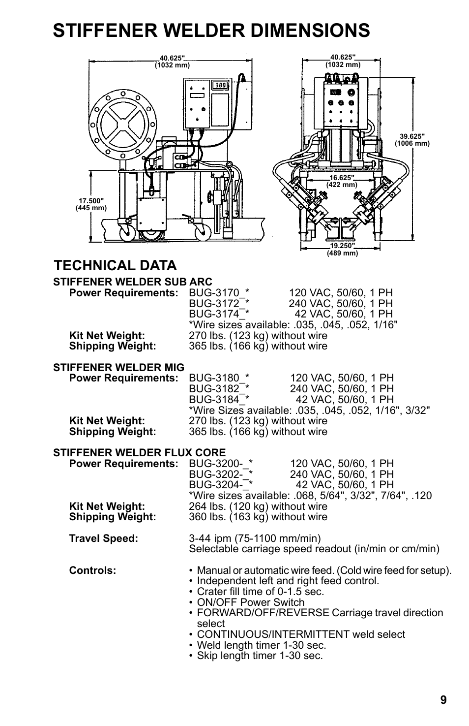 Stiffener welder dimensions / technical data, Stiffener welder dimensions, Technical data | BUG-O Systems Stiffener Welder User Manual | Page 9 / 29