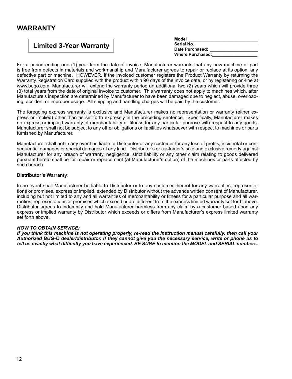 Warranty, Warranty limited 3-year warranty | BUG-O Systems BUG-9870 User Manual | Page 12 / 12