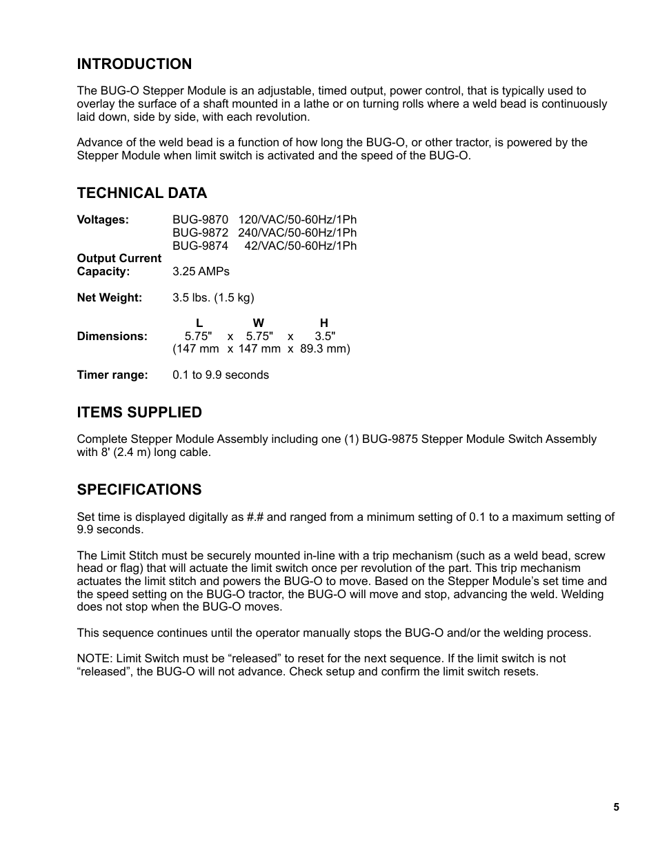Introduction, Technical data, Items supplied | Specifications | BUG-O Systems BUG-9870 User Manual | Page 5 / 12