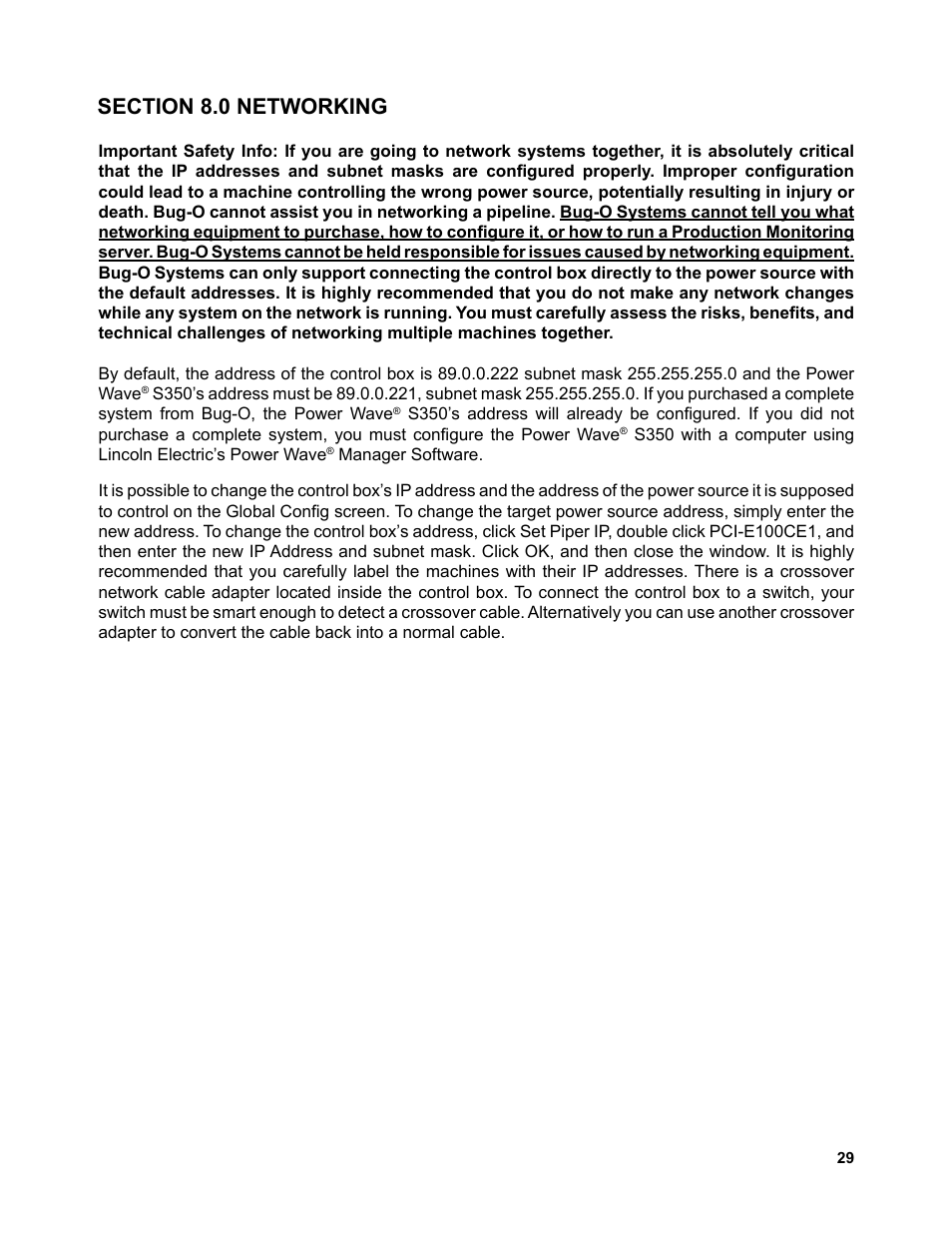 Section 8.0 networking | BUG-O Systems Piper-Plus User Manual | Page 29 / 107