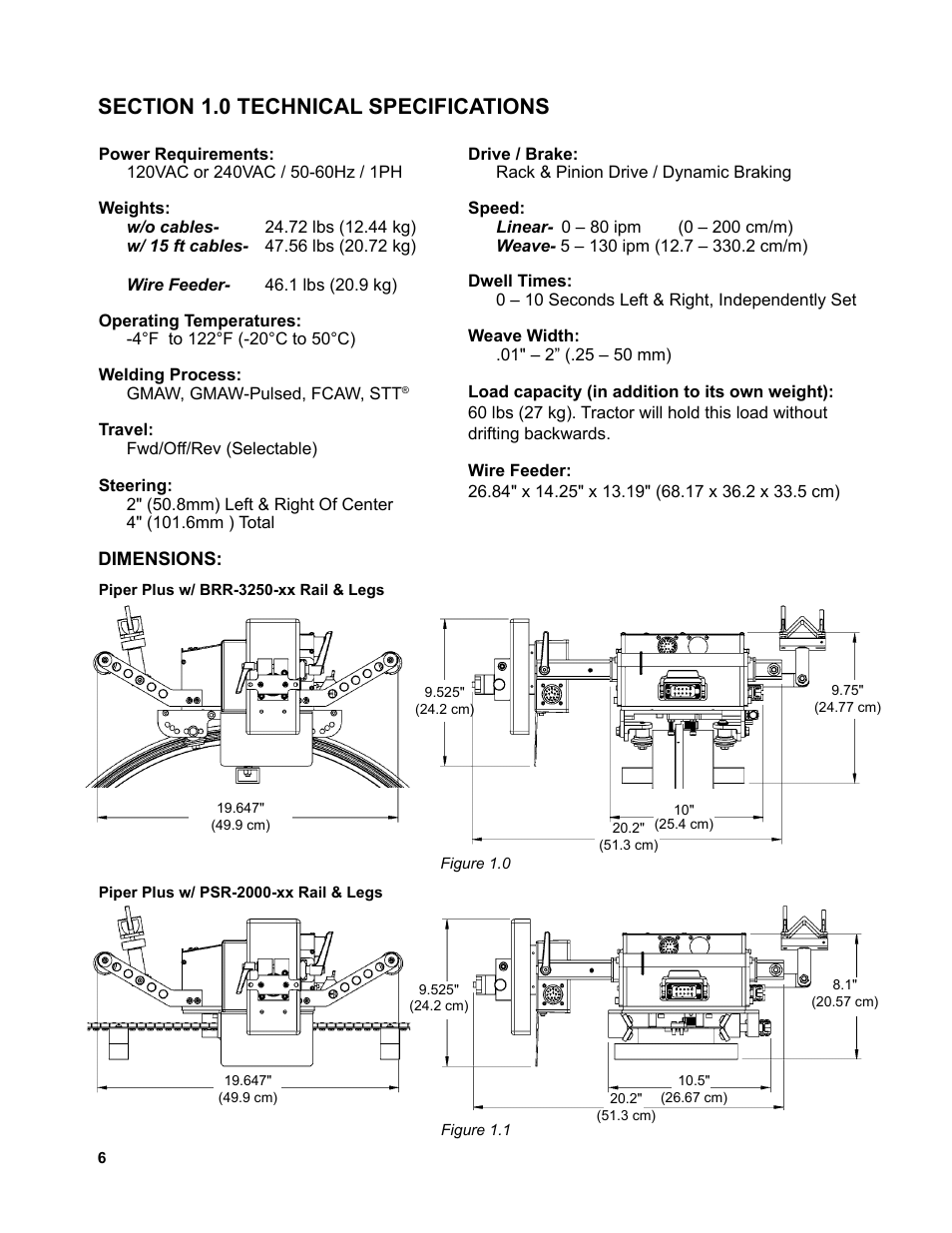 Section 1.0 technical specifications, 9 ....... piper-plus technical, Specifications / dimensions | BUG-O Systems Piper-Plus User Manual | Page 6 / 107