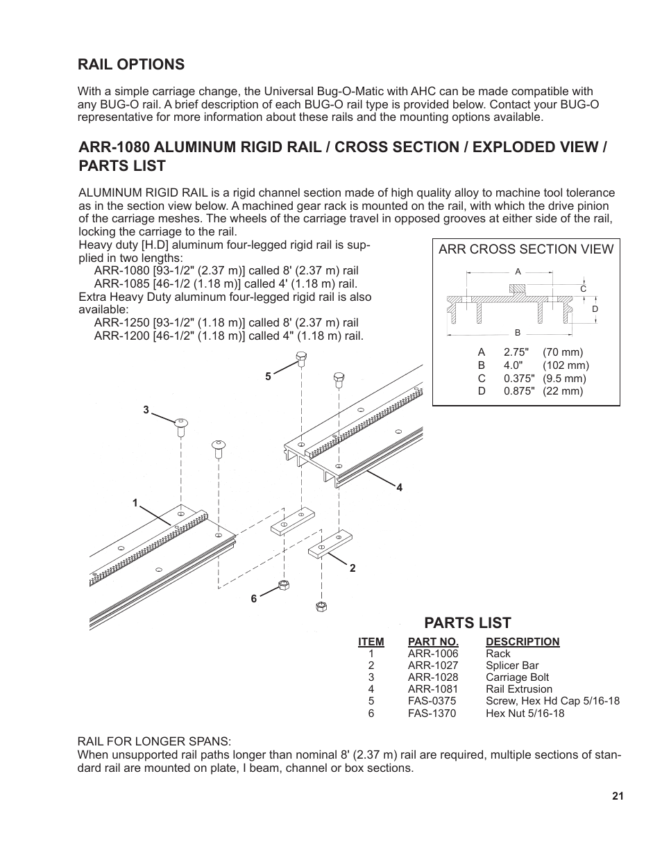 21 .........rail options, Parts list, Rail options | BUG-O Systems Universal Bug-O-Matic User Manual | Page 21 / 31