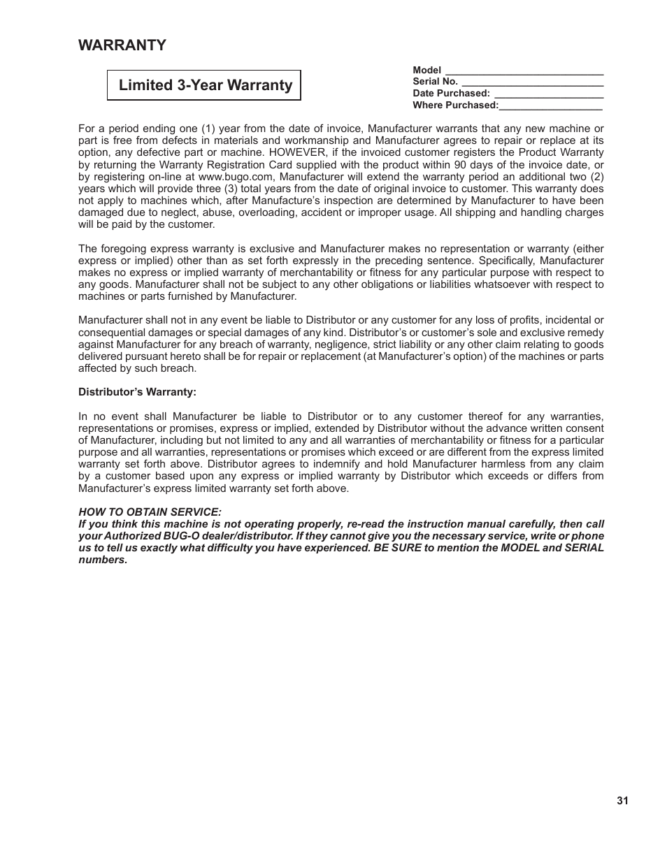 31 .........warranty, Warranty limited 3-year warranty | BUG-O Systems Universal Bug-O-Matic User Manual | Page 31 / 31