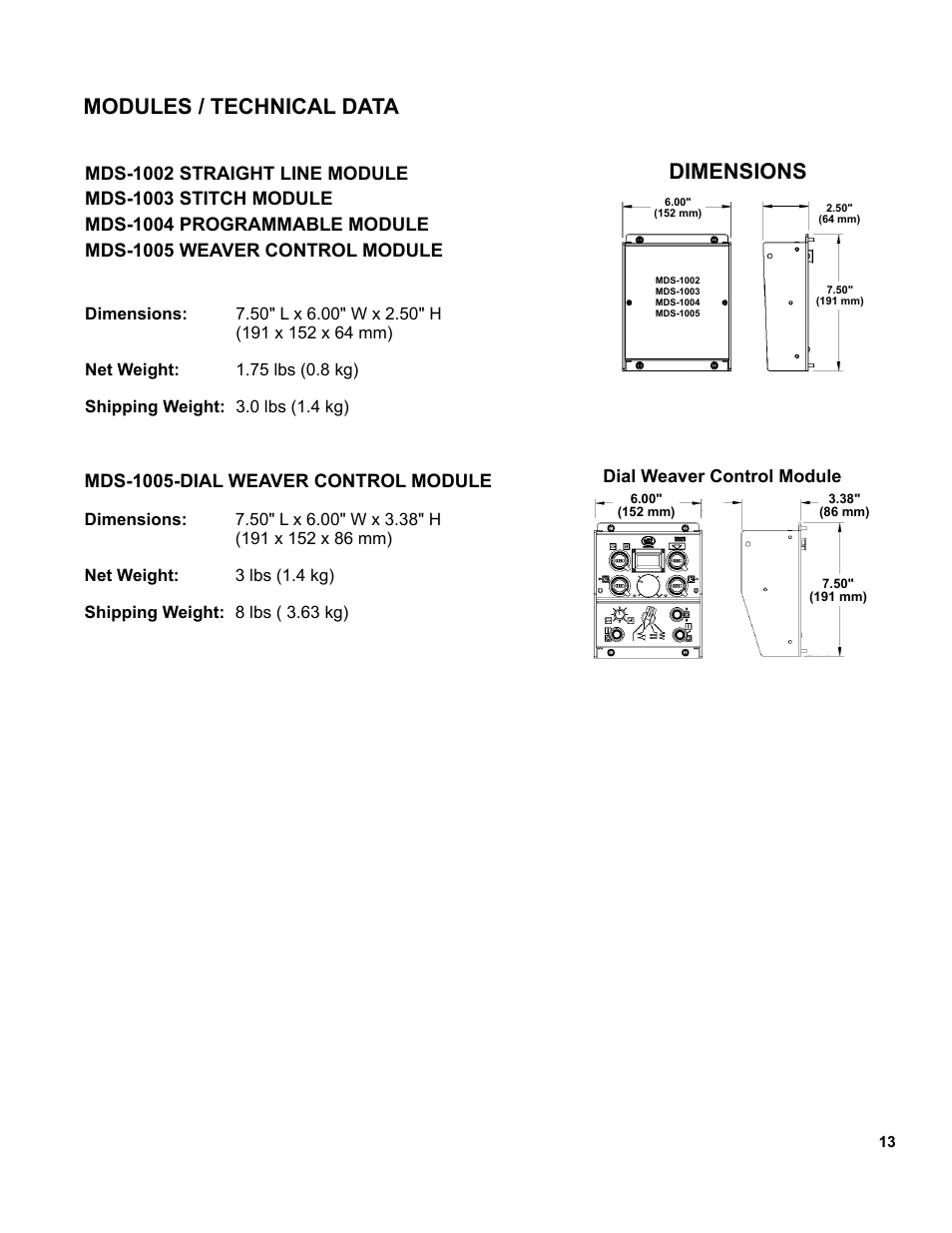 Modules / technical data / dimensions, Modules / technical data dimensions, Mds-1005-dial weaver control module | Dial weaver control module | BUG-O Systems Modular Drive System User Manual | Page 13 / 57