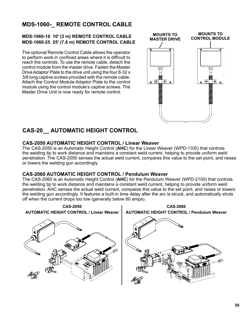 Mds-1060-_ remote control cable, Cas-__ automatic height control, Cas-20__ automatic height control | BUG-O Systems Modular Drive System User Manual | Page 39 / 57