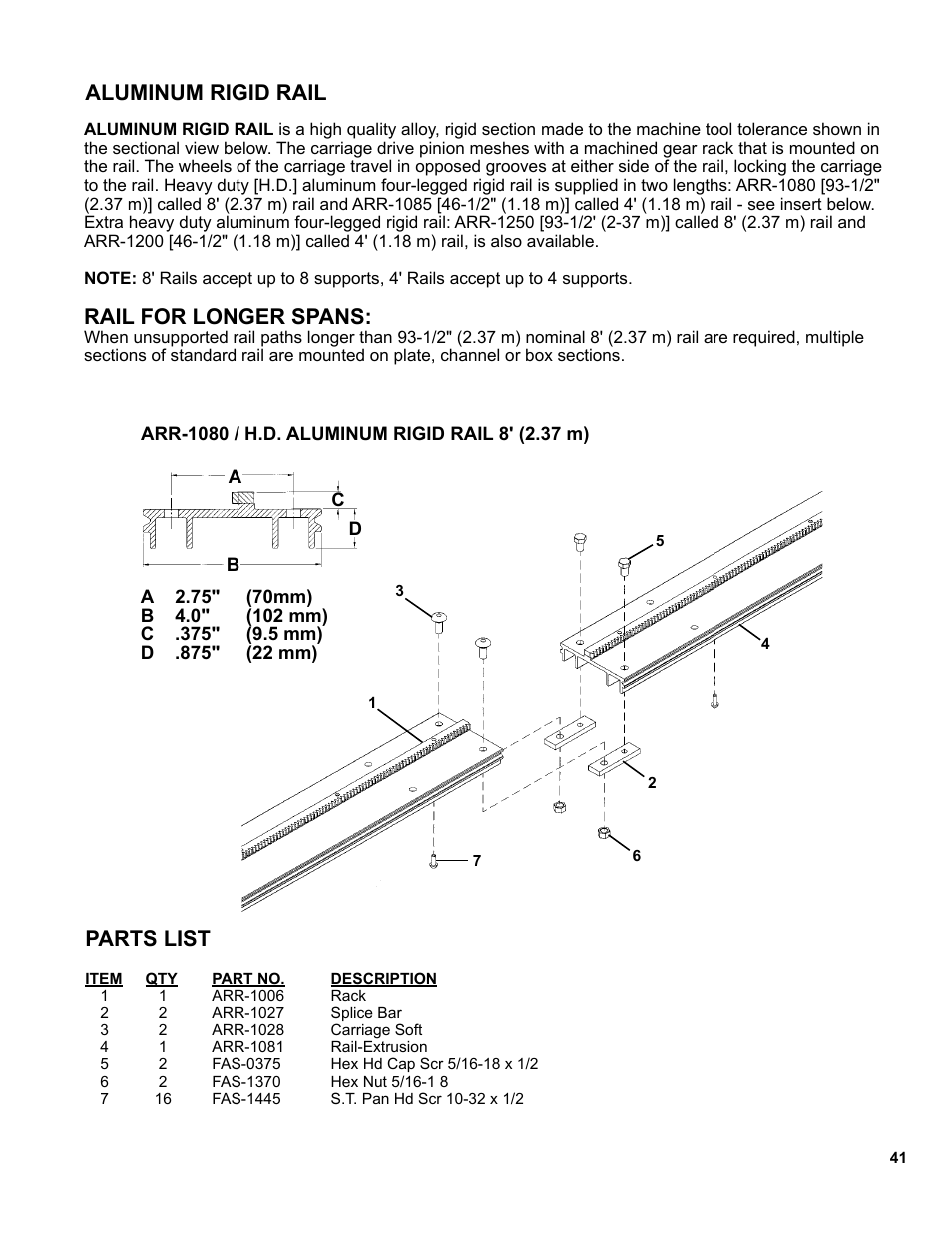 Aluminum rigid rail, Rail for longer spans, Parts list | BUG-O Systems Modular Drive System User Manual | Page 41 / 57