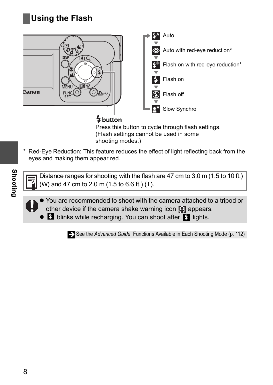 Using the flash | Canon CDI-E185-010 User Manual | Page 10 / 23