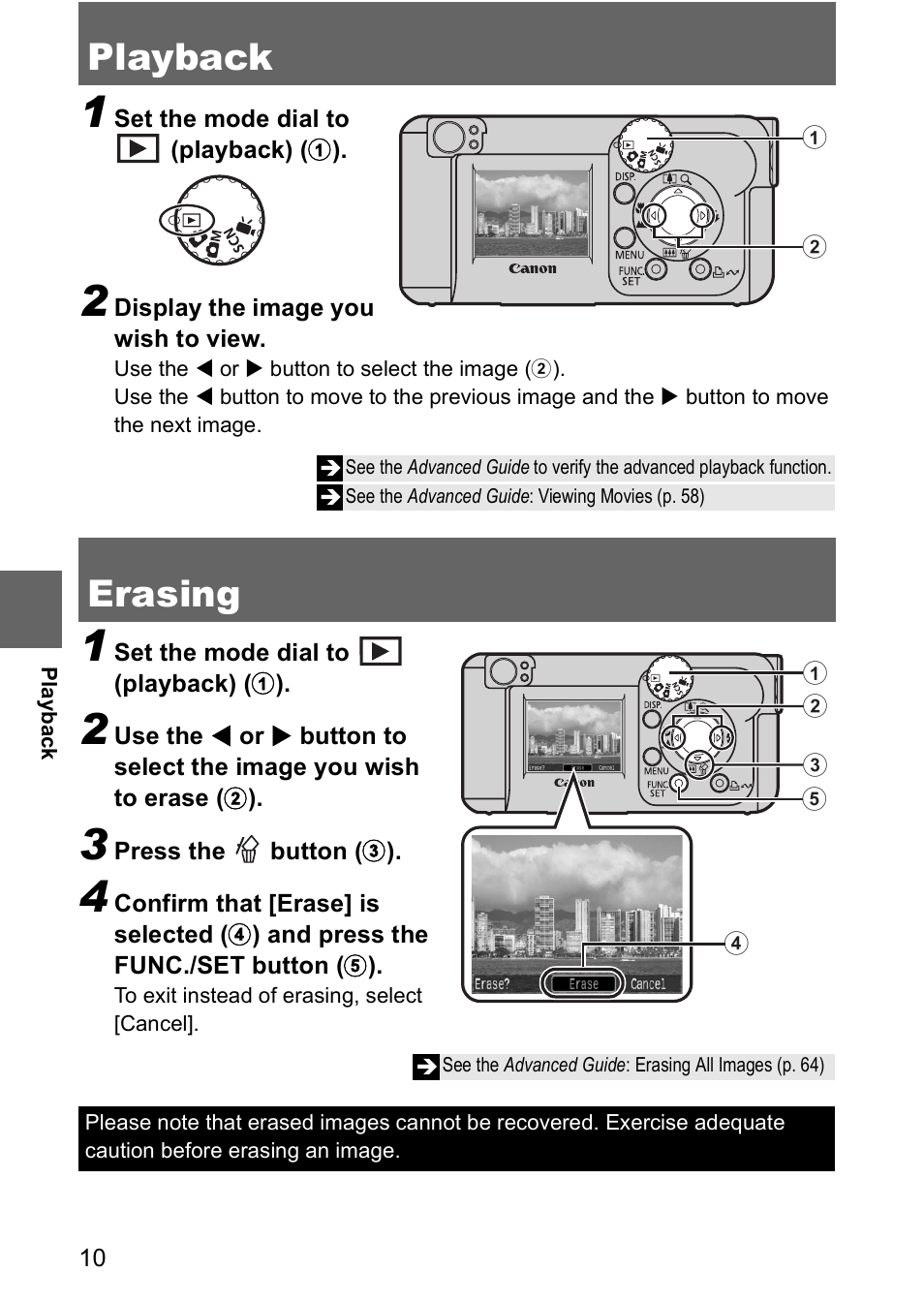 Playback, Erasing | Canon CDI-E185-010 User Manual | Page 12 / 23
