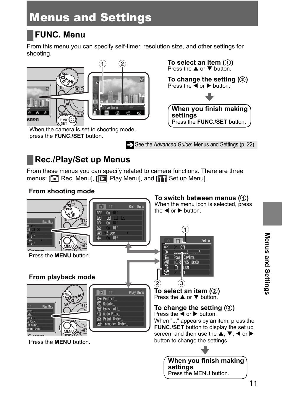 Menus and settings, Func. menu, Rec./play/set up menus | Bc a | Canon CDI-E185-010 User Manual | Page 13 / 23