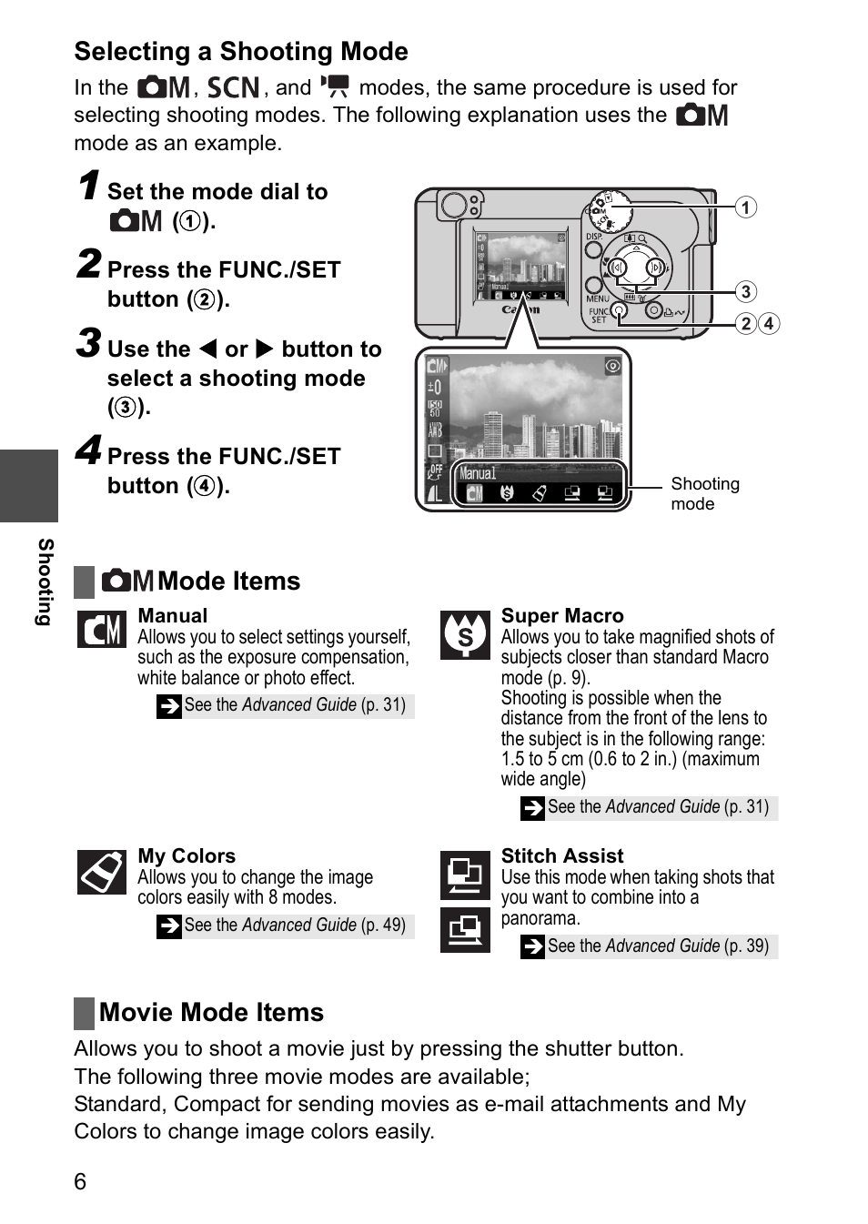 Selecting a shooting mode, Mode items movie mode items | Canon CDI-E185-010 User Manual | Page 8 / 23