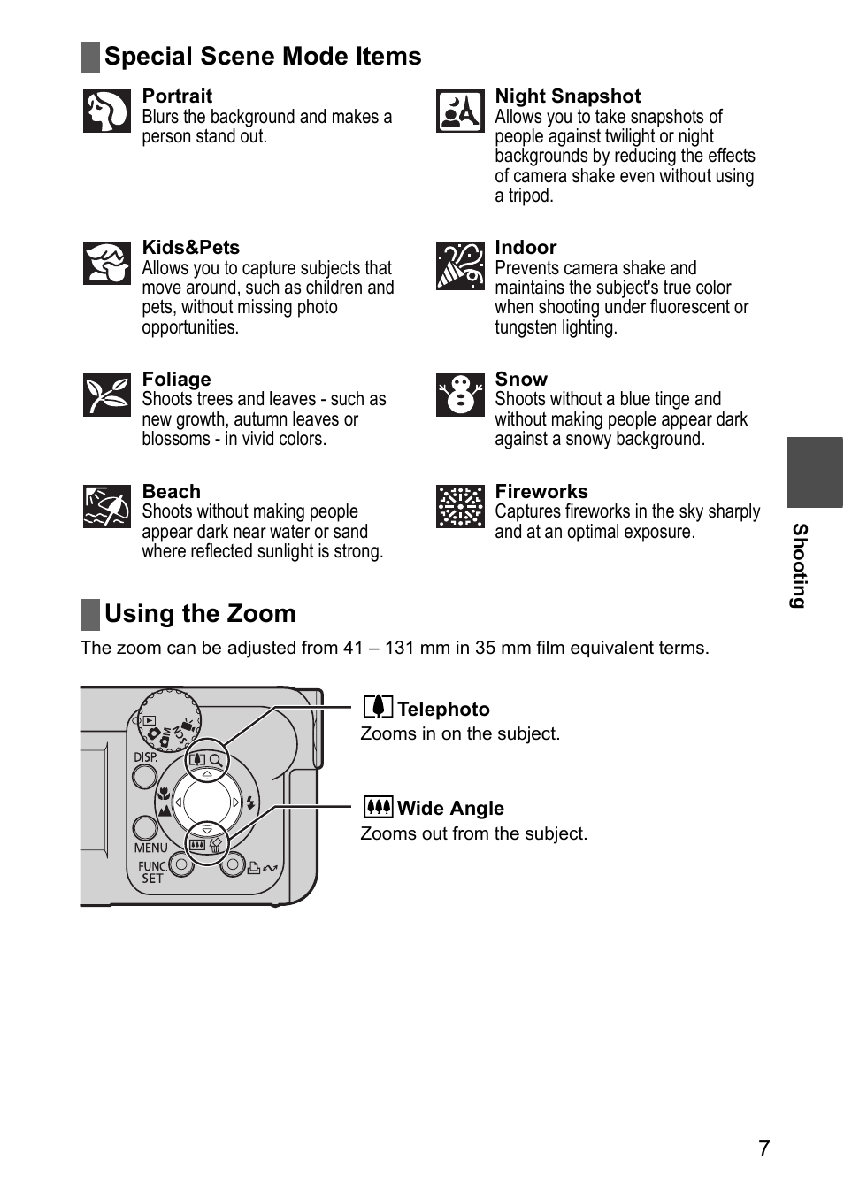 Special scene mode items using the zoom | Canon CDI-E185-010 User Manual | Page 9 / 23