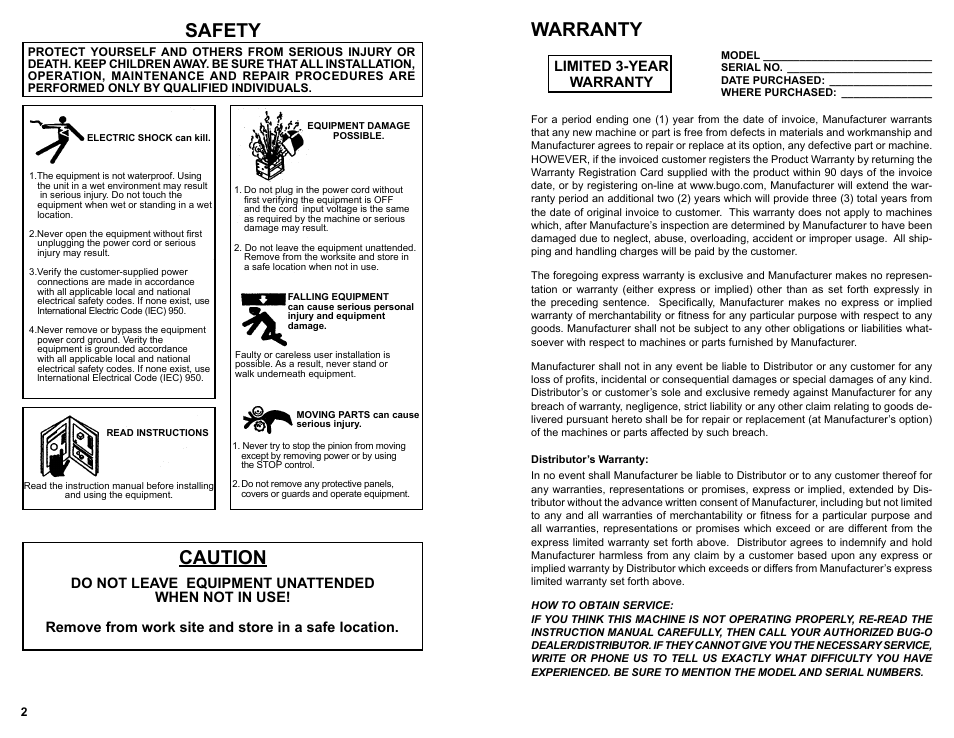 Safety, Caution, Warranty | Limited 3-year warranty | BUG-O Systems CON-O User Manual | Page 2 / 19