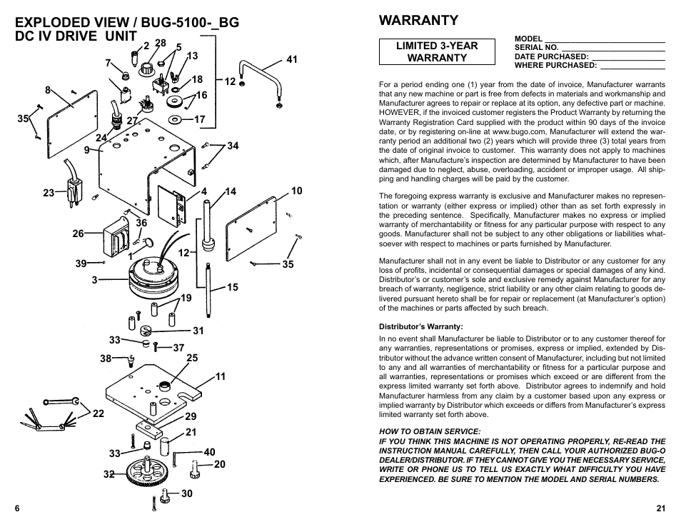 Exploded view / bug-5100-_bg dc iv drive unit, Warranty | BUG-O Systems CIR-O User Manual | Page 21 / 21