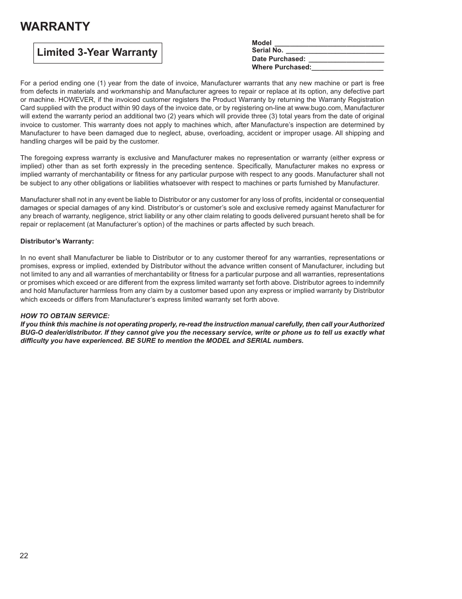 22 ........warranty, Warranty, Limited 3-year warranty | BUG-O Systems GO-FER III-OX User Manual | Page 22 / 22