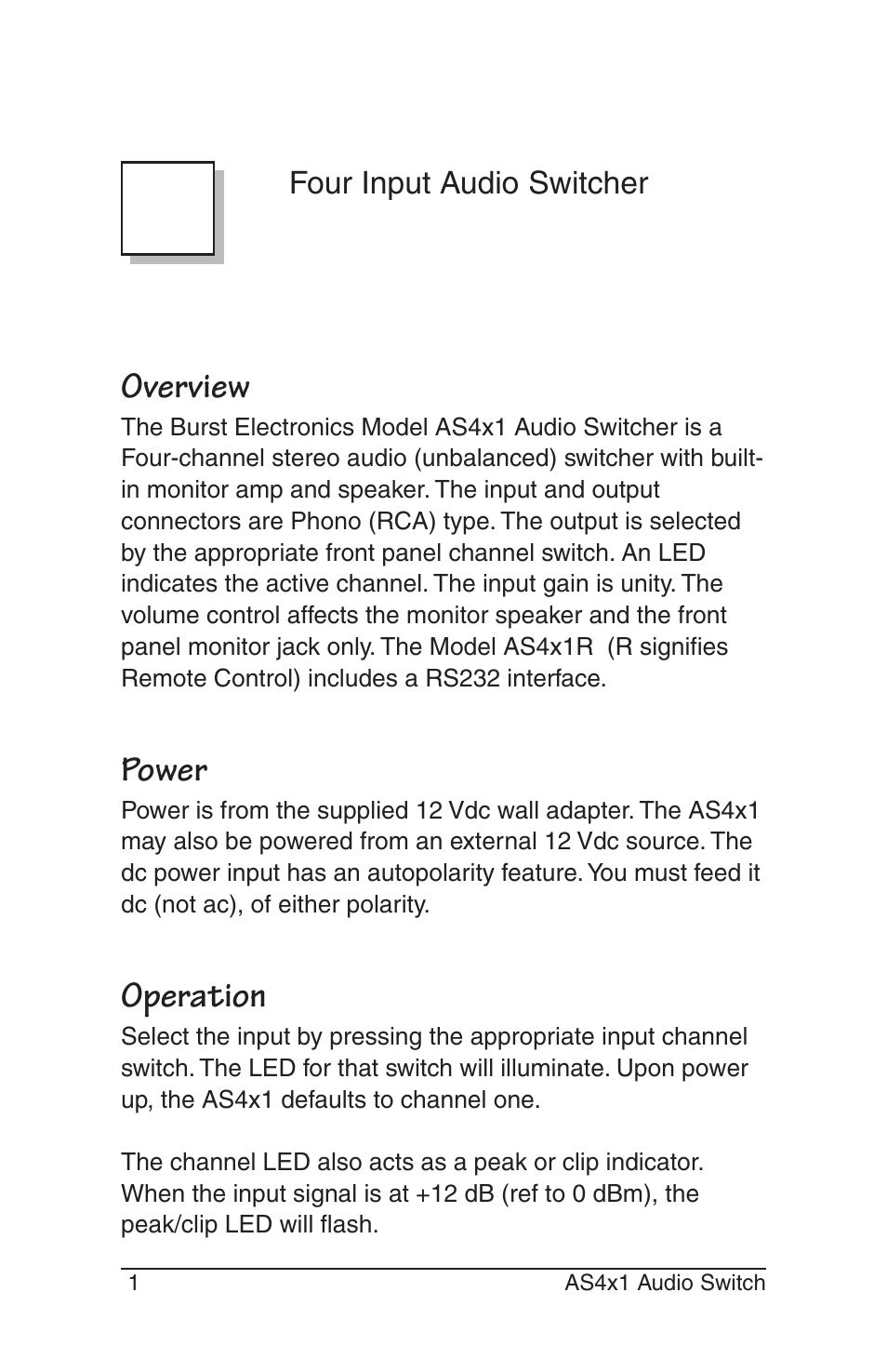 Overview, Power, Operation | Burst Electronics AS4x1 User Manual | Page 3 / 12