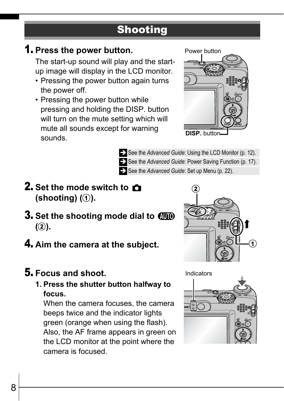 Shooting, Power button, P. 8) | Mode dial, Pp. 8 | Canon A570 IS User Manual | Page 10 / 36