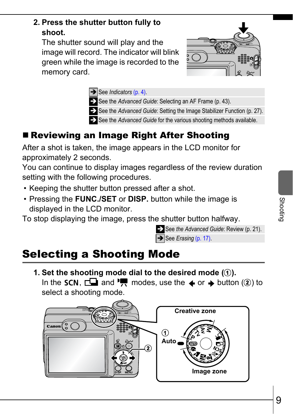 Selecting a shooting mode, Reviewing an image right after shooting | Canon A570 IS User Manual | Page 11 / 36