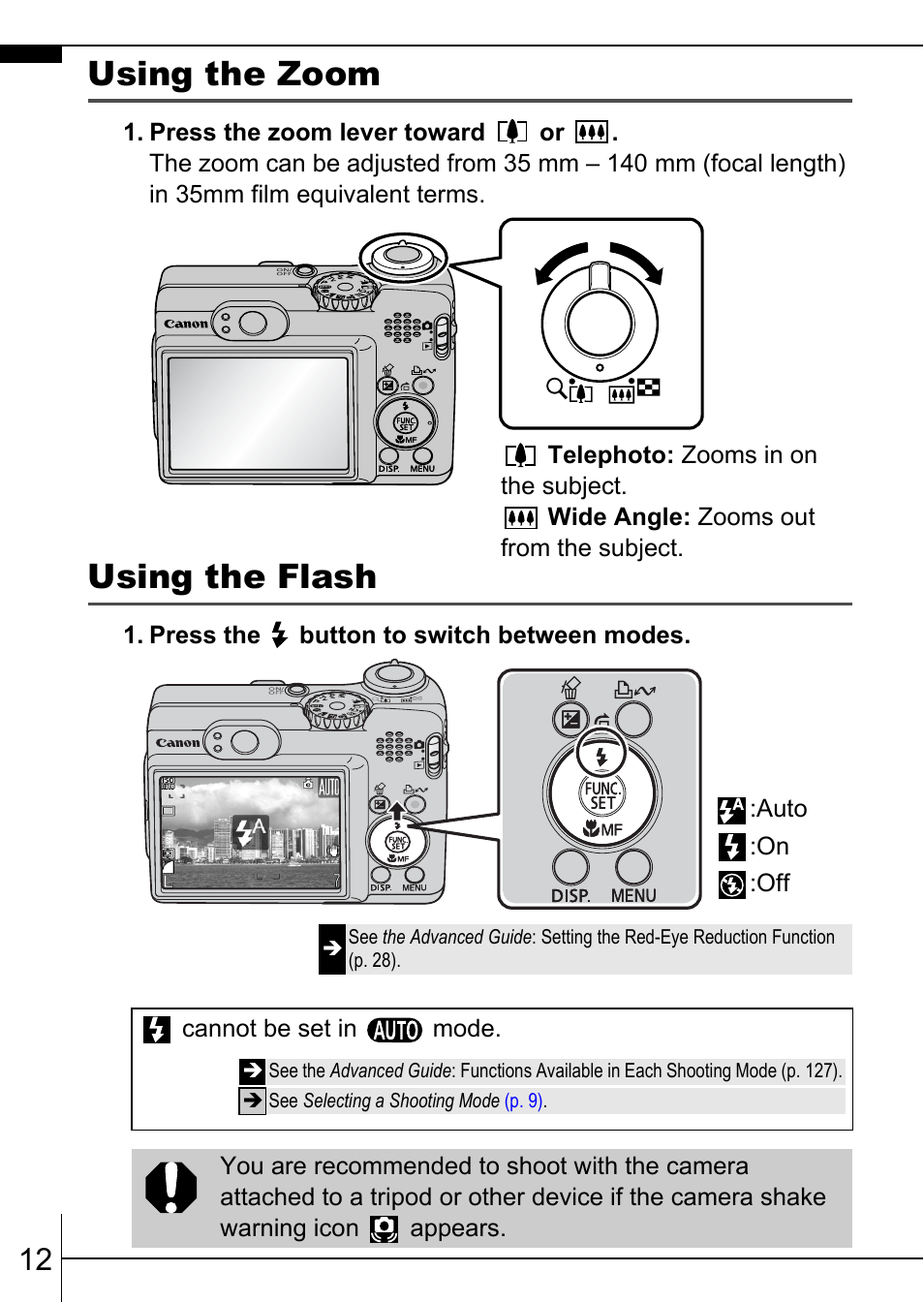 Using the zoom, Using the flash, P. 12 | Canon A570 IS User Manual | Page 14 / 36