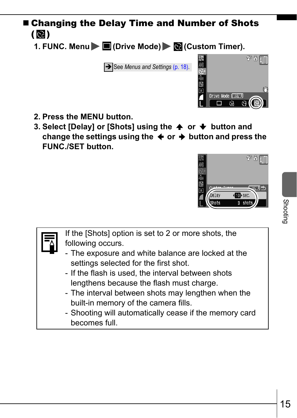 P. 15), Changing the delay time and number of shots ( ) | Canon A570 IS User Manual | Page 17 / 36