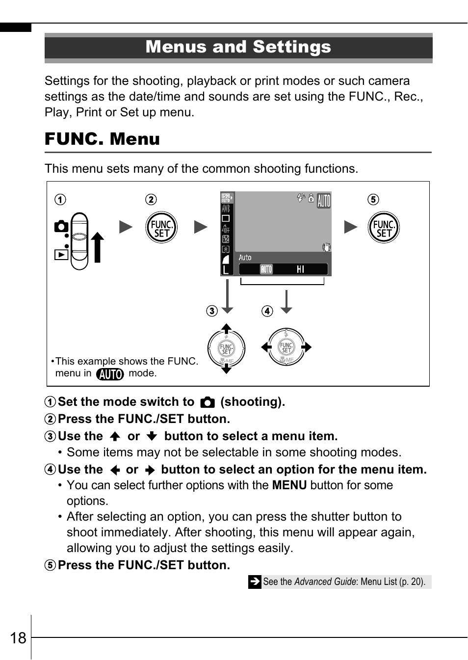 Menus and settings, Func. menu, P. 18) | Canon A570 IS User Manual | Page 20 / 36