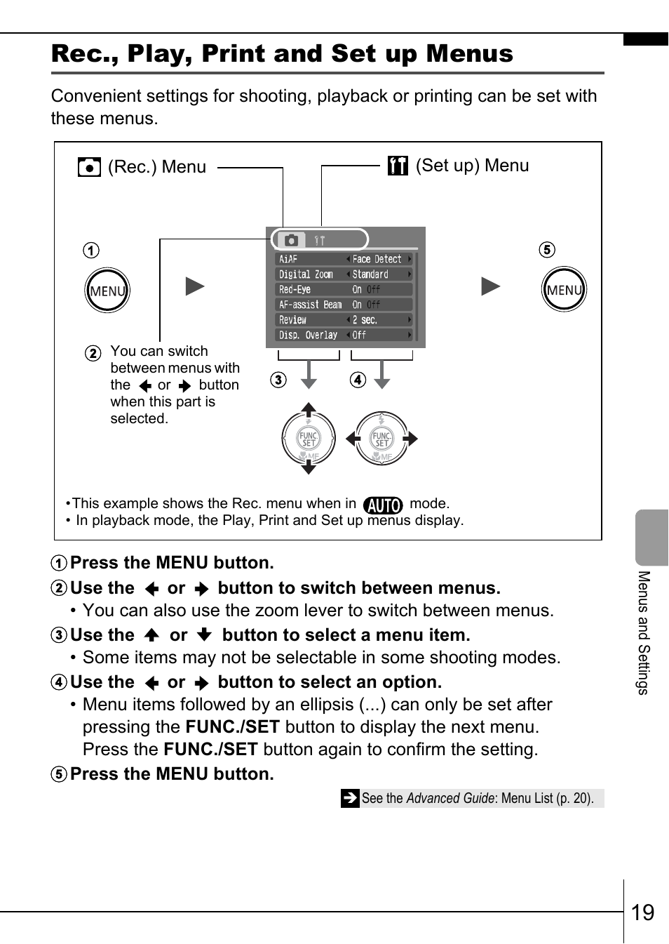 Rec., play, print and set up menus | Canon A570 IS User Manual | Page 21 / 36