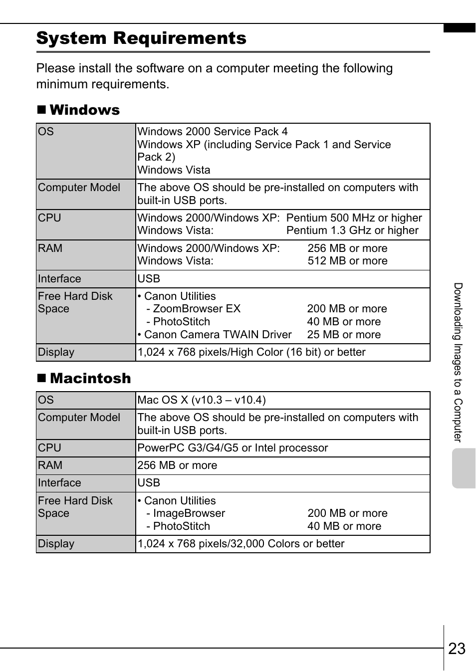 System requirements, P. 23), Windows  macintosh | Canon A570 IS User Manual | Page 25 / 36
