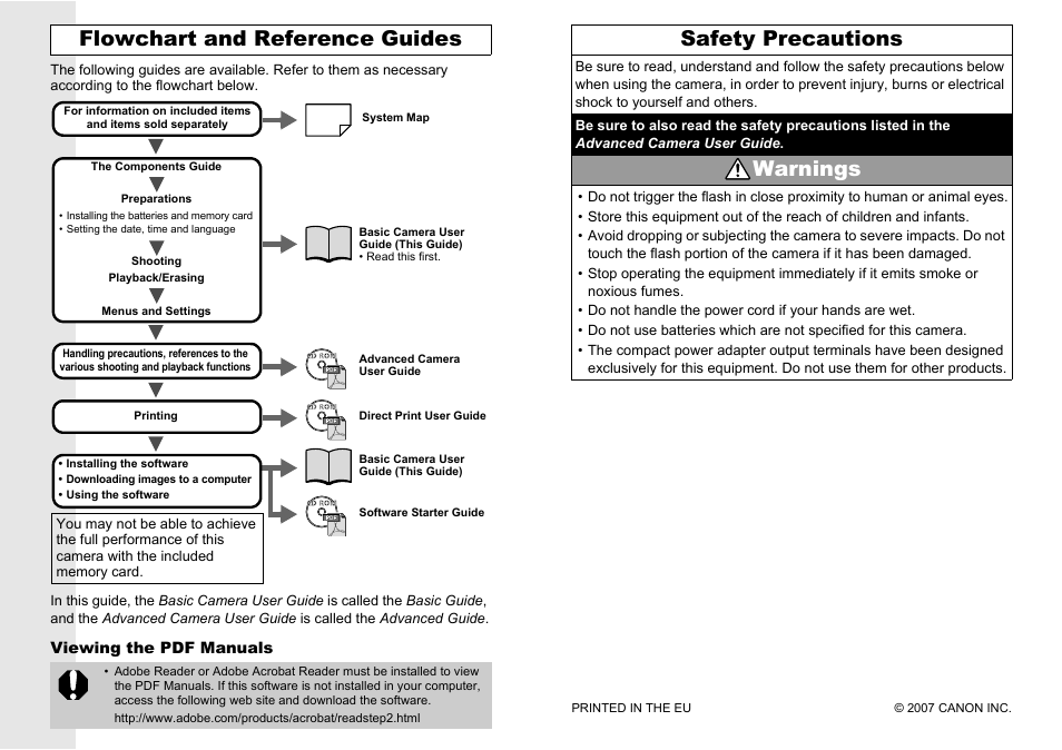 Flowchart and reference guides, Safety precautions, Warnings | Viewing the pdf manuals | Canon A570 IS User Manual | Page 35 / 36